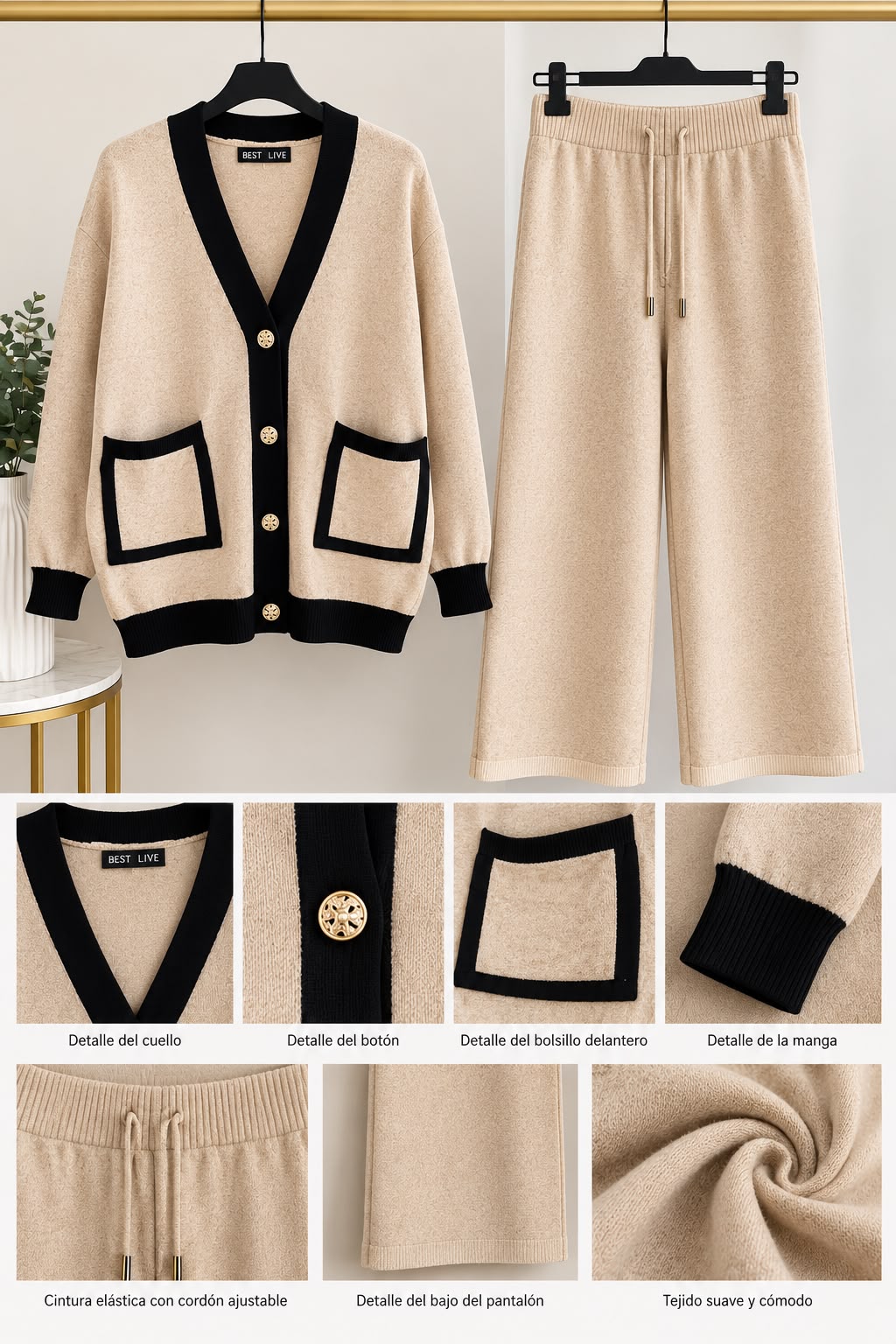 Conjunto de punto de dos piezas beige y negro