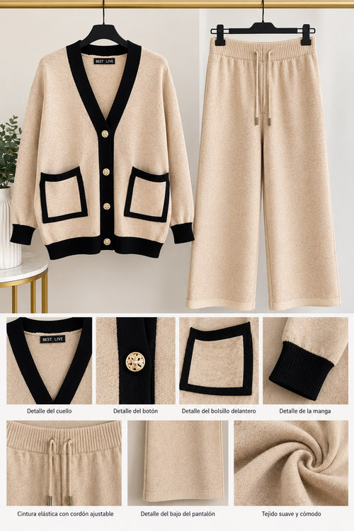 Conjunto de punto de dos piezas beige y negro