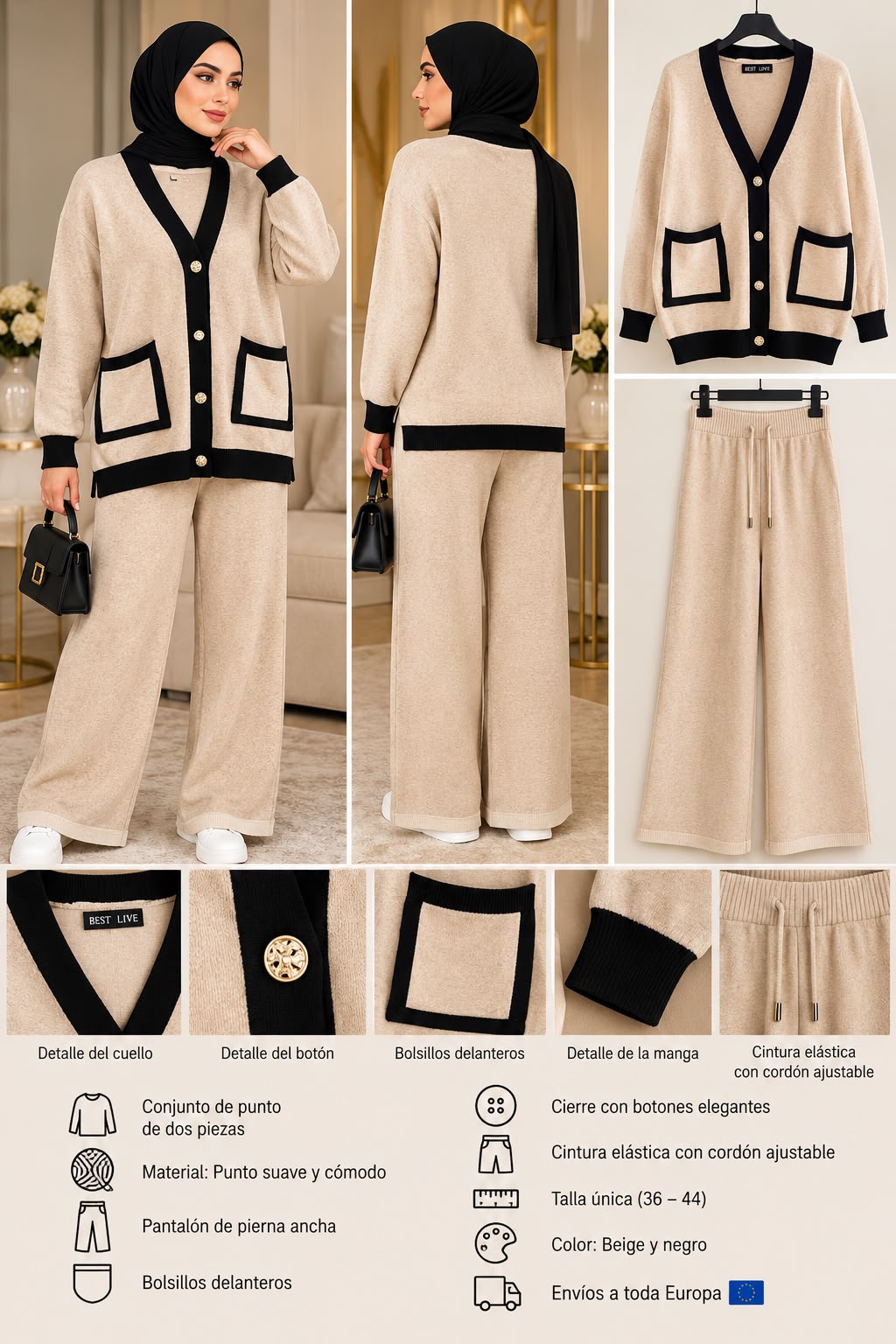 Conjunto de punto de dos piezas beige y negro